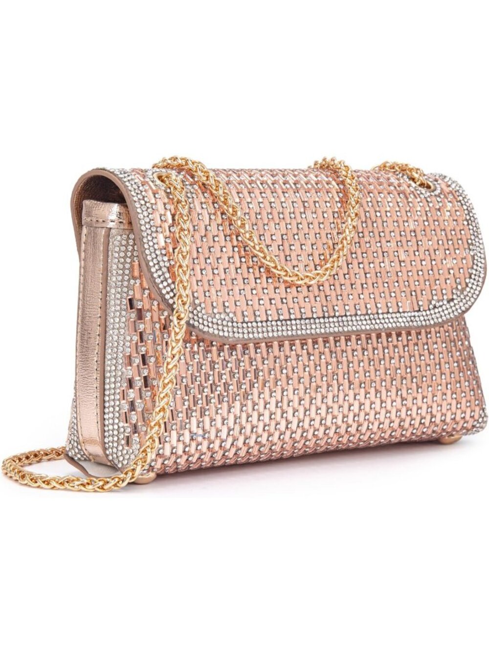 Women Champagne Rhinestone Evening Clutch Bag with Chain Strap Shoulder Purse
